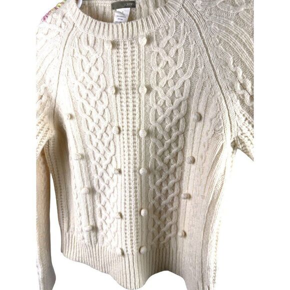 J.Crew Womens Cable-Knit Lambswool Pom-Pom Sweater Ivory Size S Cozy EUC - Picture 3 of 8